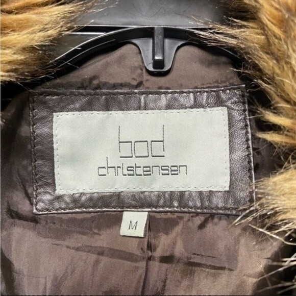 Bod Christensen Brown Leather Moto Jacket with Faux Fur Wide Collar M - Picture 5 of 13